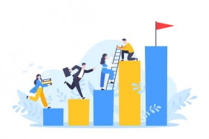 Business mentor helps to improve career and holding stairs steps vector illustration. Mentorship, upskills and self development strategy flat style design business concept.